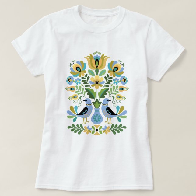 Camiseta Aves de arte folclórico húngaro en azul y oro (Diseño del anverso)