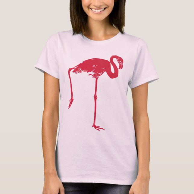 Camiseta Aves de época, flamencos rosas con una pierna arri (Anverso)