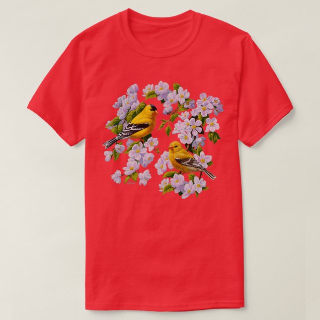 Camiseta Aves de Goldfinch y flores de Apple Blossom (Diseño del anverso)