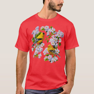 Camiseta Aves de Goldfinch y flores de Apple Blossom