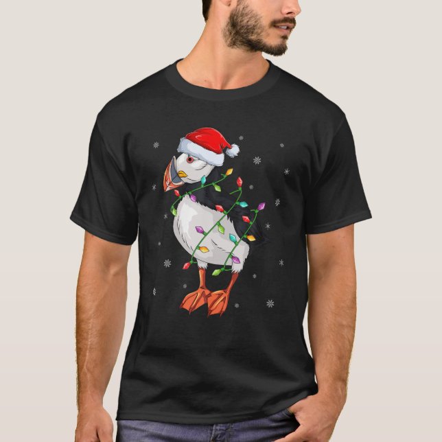 Camiseta Aves de Puffin Navidad iluminando Santa Hat Puffin (Anverso)