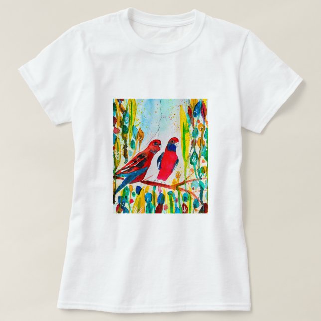 Camiseta Aves de rosella en una acuarela arbolada (Diseño del anverso)
