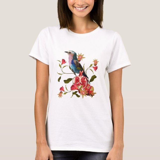 Camiseta Aves exóticas, flores, granada. (Anverso)