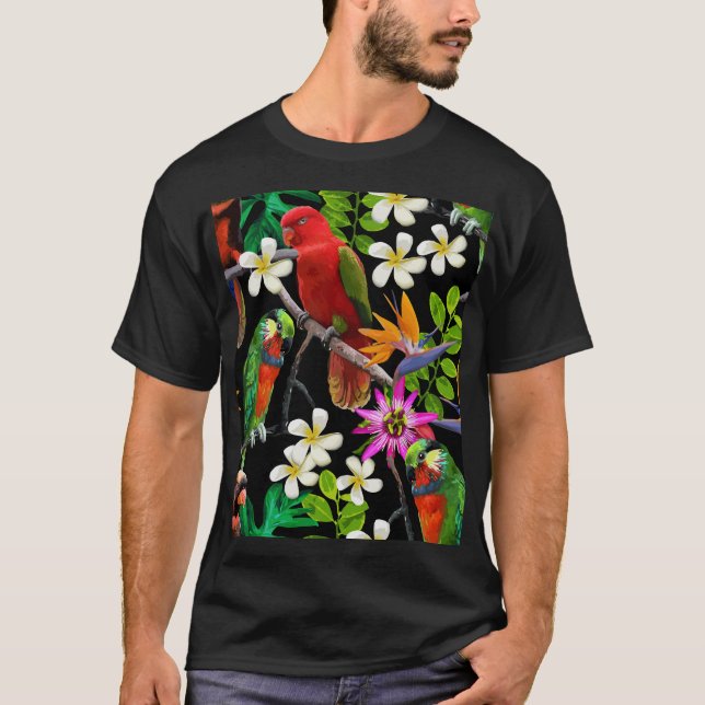 Camiseta Aves Exóticas Patrón de Flores Hermosas (Anverso)