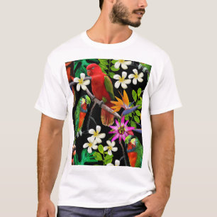 Camiseta Aves Exóticas Patrón de Flores Hermosas