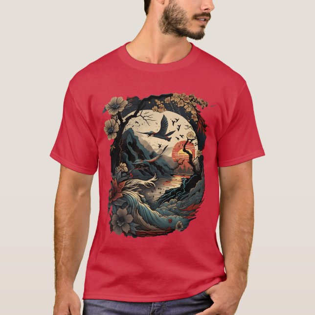 Camiseta Aves Japonesas Retro Cerezos Florecientes Y Fu Vin (Anverso)