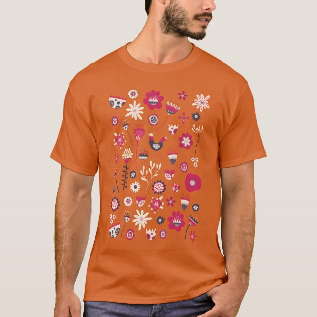 Camiseta Aves populares y flores escandinavas graciosas (Anverso)