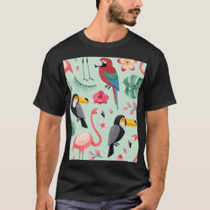 Camiseta Aves tropicales, flores, acuarela.