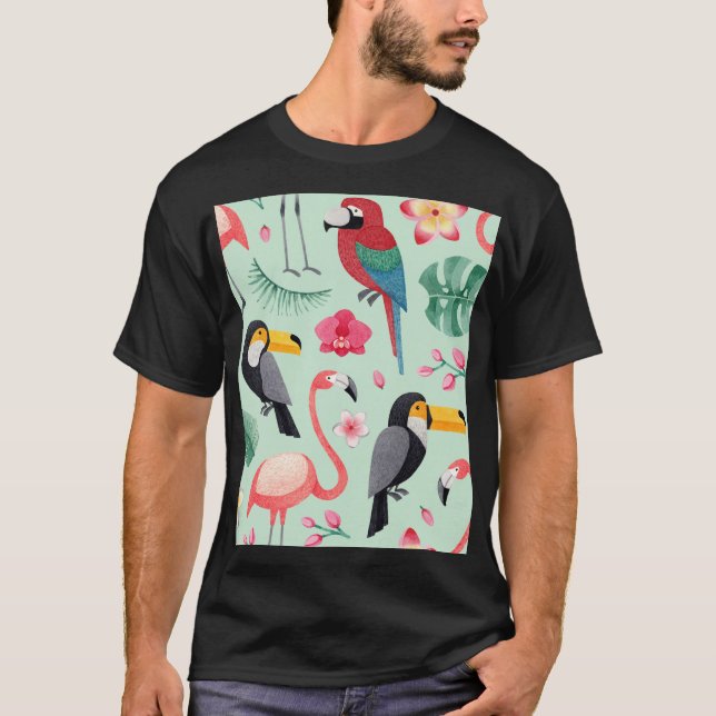 Camiseta Aves tropicales, flores, acuarela. (Anverso)