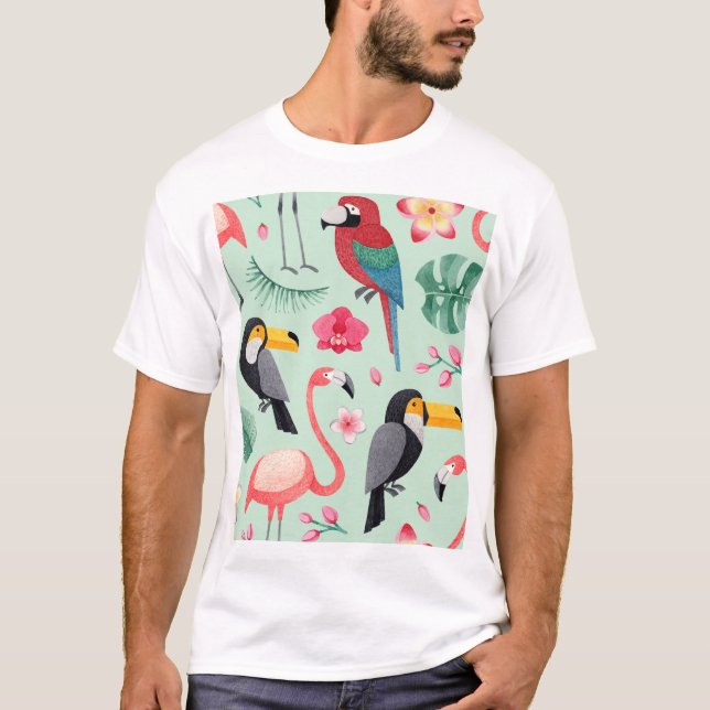 Camiseta Aves tropicales, flores, acuarela. (Anverso)