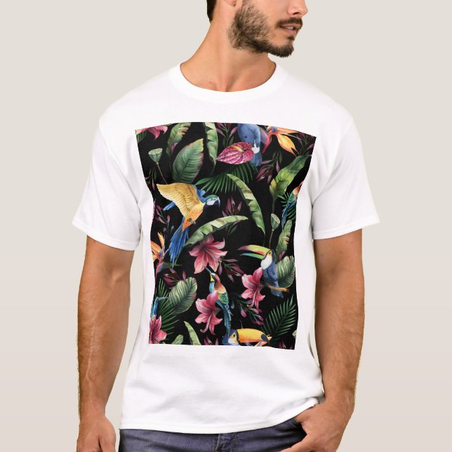 Camiseta Aves tropicales, flores: patrón de acuarela. (Anverso)