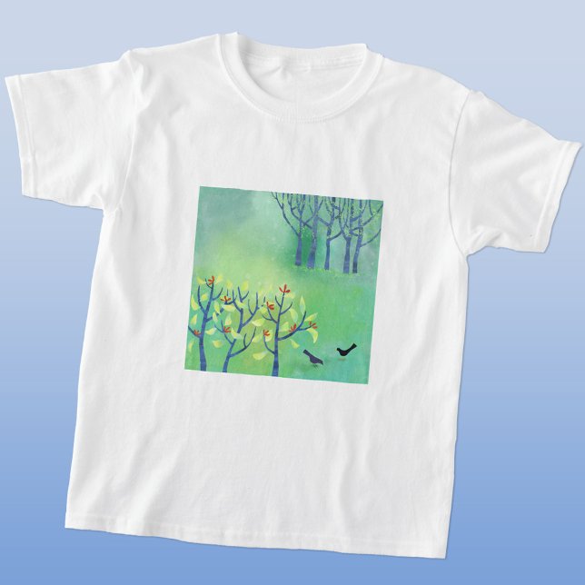 Camiseta Aves verdes modernas en pintura de bosques (Green landscape art t-shirt)