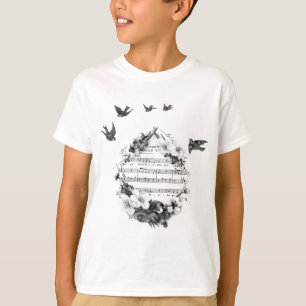 Camiseta Aves volando flores musicales de chapa francesas W