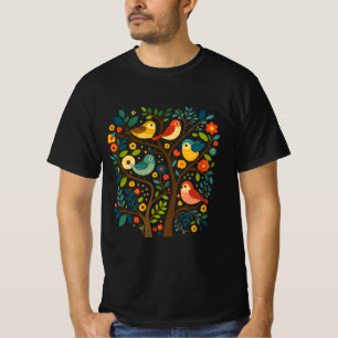 Camiseta Aves y flores Arte folclórico escandinavo