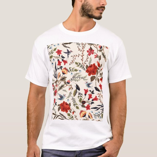 Camiseta Aves y flores: diseño floral sin foco (Anverso)