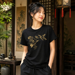 Camiseta Aves y Flores Japonesas Color Personalizable
