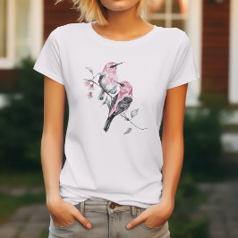 Camiseta Aves y flores rosas en acuarela