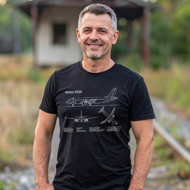 Camiseta Avión Airbus A320 en Dibujo de Plano Director PD (Airplane Airbus A320 in Blueprint Drawing PD. Men Basic Black T-Shirt)