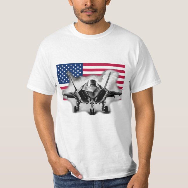 Camiseta Avión de combate F-35 con fondo de bandera estadou (Anverso)