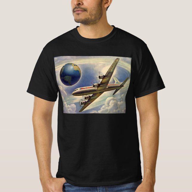 Camiseta Avión de época volando por el mundo en nubes (Anverso)