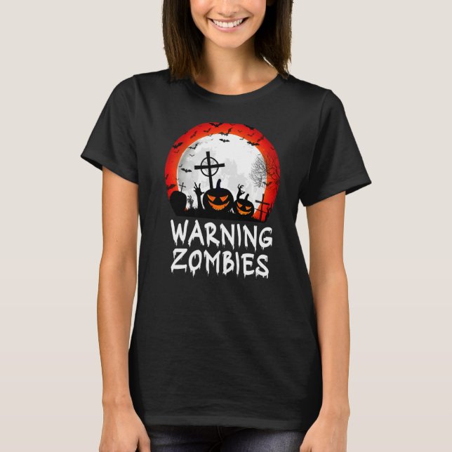 Camiseta Aviso al cementerio zombi con la sala de calabazas (Anverso)