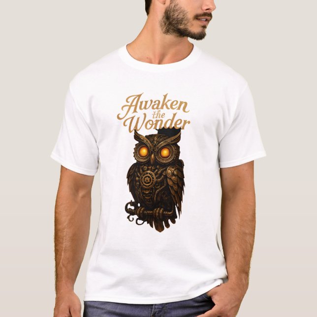 Camiseta Awakening Wonder – Mechanical Owl Art T-Shirt (Anverso)