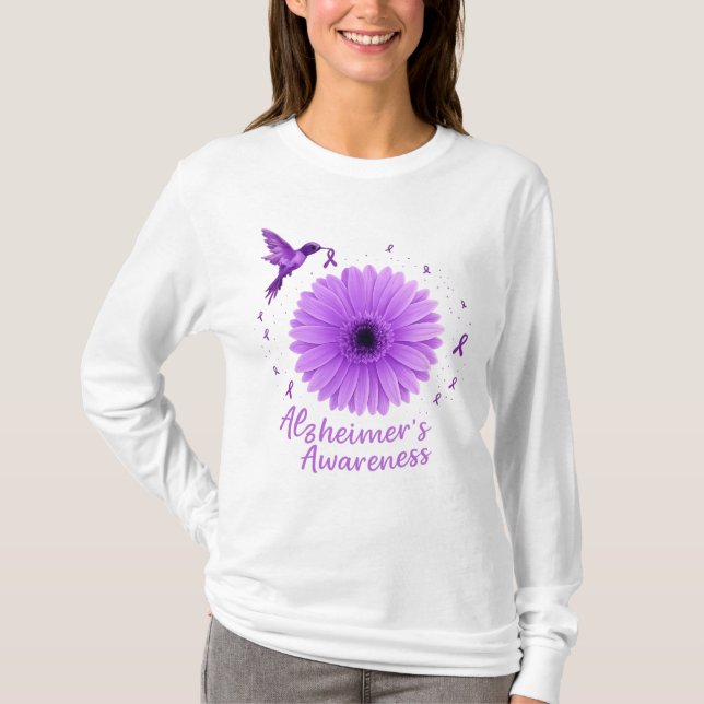 Camiseta Awareness Alzheimer Hummingbird Sunflower morado (Anverso)