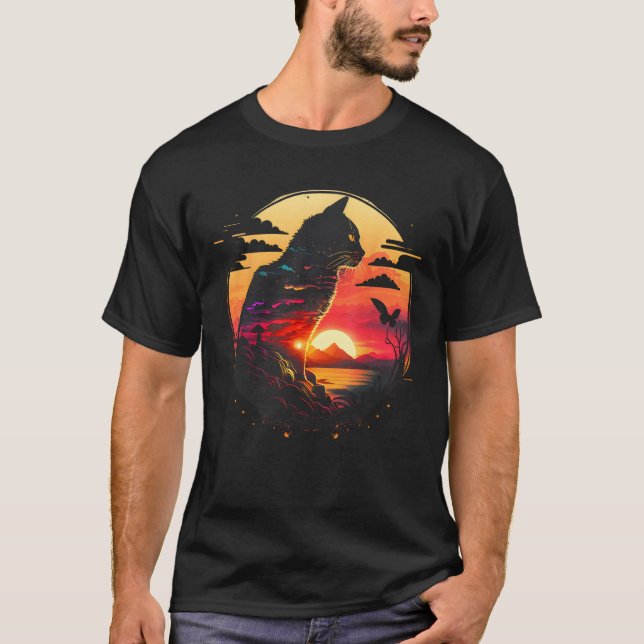 Camiseta Awesome Cat Sunset Retro Aesthetic Cat  Graphic (Anverso)