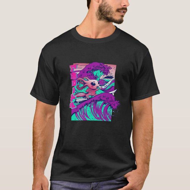 Camiseta Axolotl, Axolotl de Surf Gracioso, Ondas Kanji (Anverso)