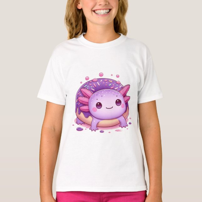 Camiseta Axolotl come donuts morados. (Anverso)