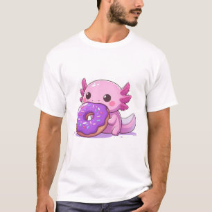 Camiseta Axolotl come donuts morados.