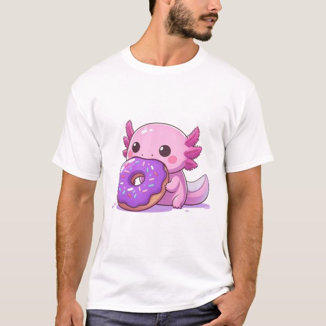 Camiseta Axolotl come donuts morados. (Anverso)