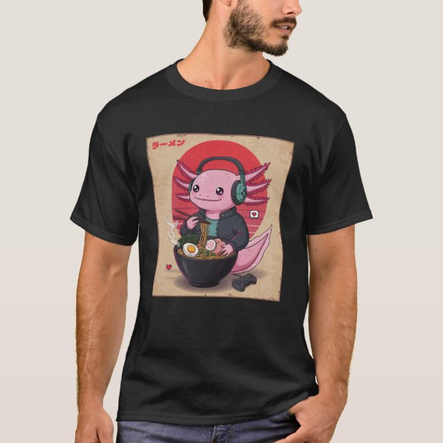 Camiseta Axolotl Eating Japanese Ramen Gamer Noodles Kawaii (Anverso)
