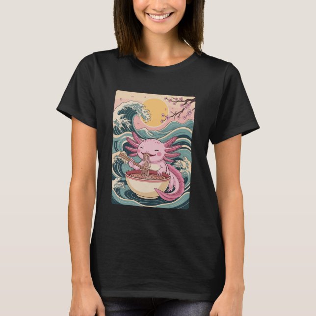 Camiseta Axolotl Eating Noodles Cute Kawaii Japanese Ramen  (Anverso)