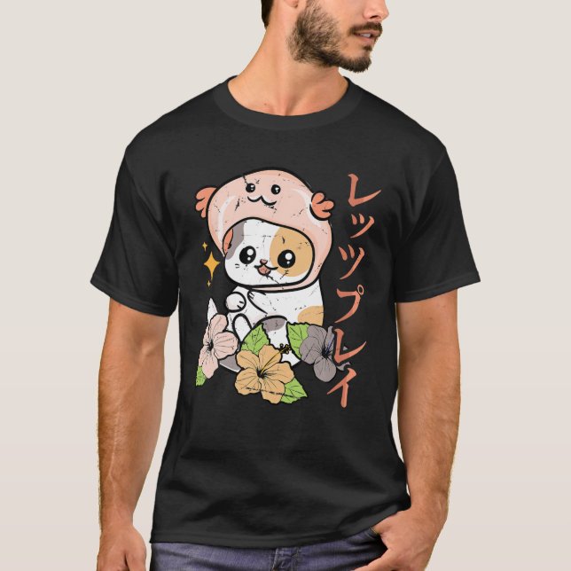 Camiseta Axolotl - Gato Kawaii Anime - Flores de sabor japo (Anverso)