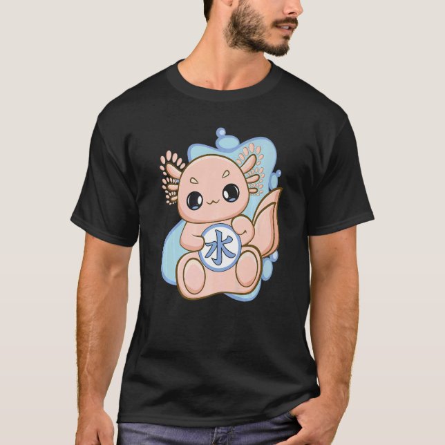 Camiseta Axolotl Rosa Con Agua Kanji Para Otaku Japonés (Anverso)