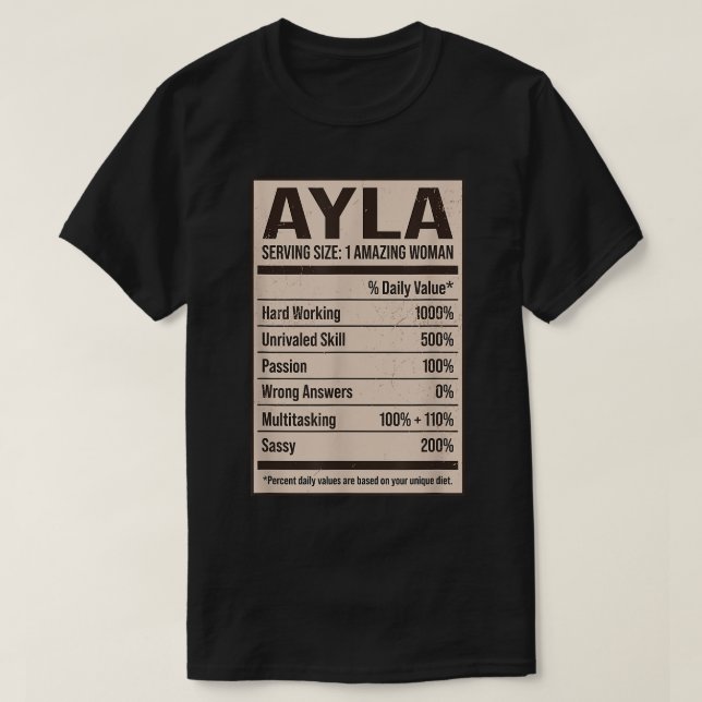 Camiseta Ayla Nutrition Facts Name Nickname Alias Title Fri (Diseño del anverso)