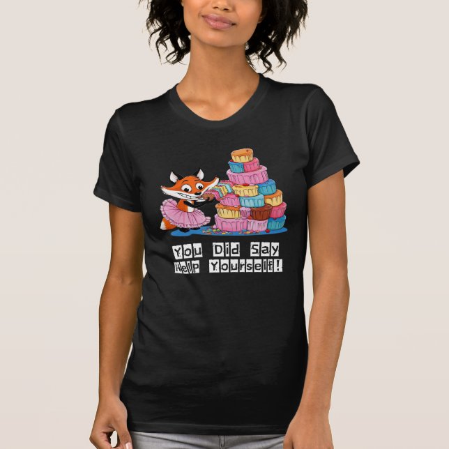 Camiseta Ayúdense ustedes mismos, Girly Fox comiendo pastel (Anverso)