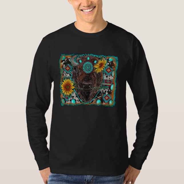 Camiseta Aztec Turquoise Sunflower bison Western Rodeo Boho (Anverso)