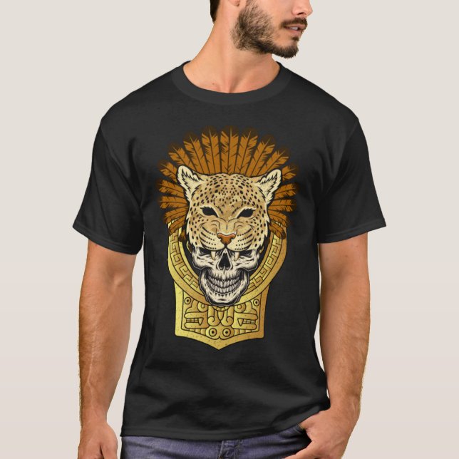 Camiseta Aztec Warrior Jaguar Death Skull Native Headdress  (Anverso)