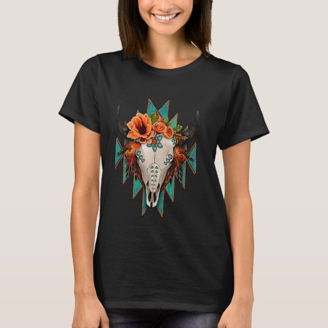 Camiseta Azteca Turquoise Cow Bull Skull Rodeo Occidental B (Anverso)