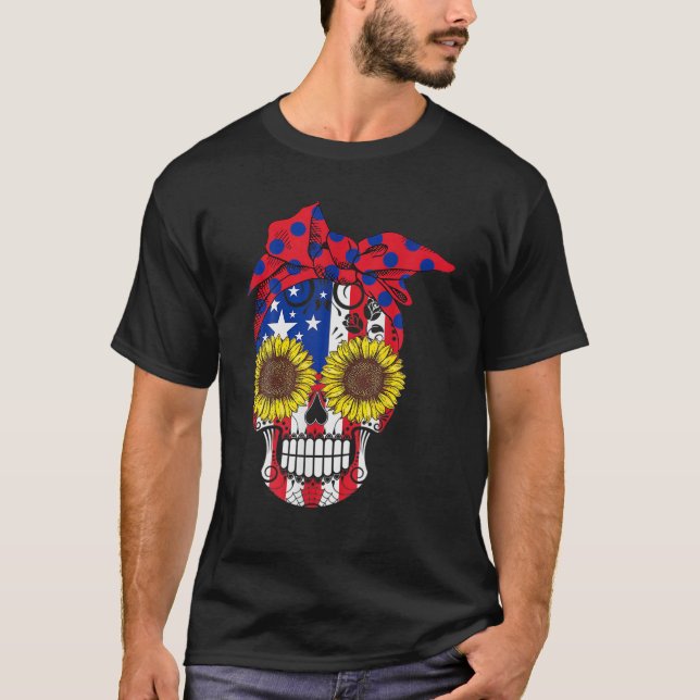 Camiseta Azúcar Skull Bandera Americana Flores Florales de  (Anverso)