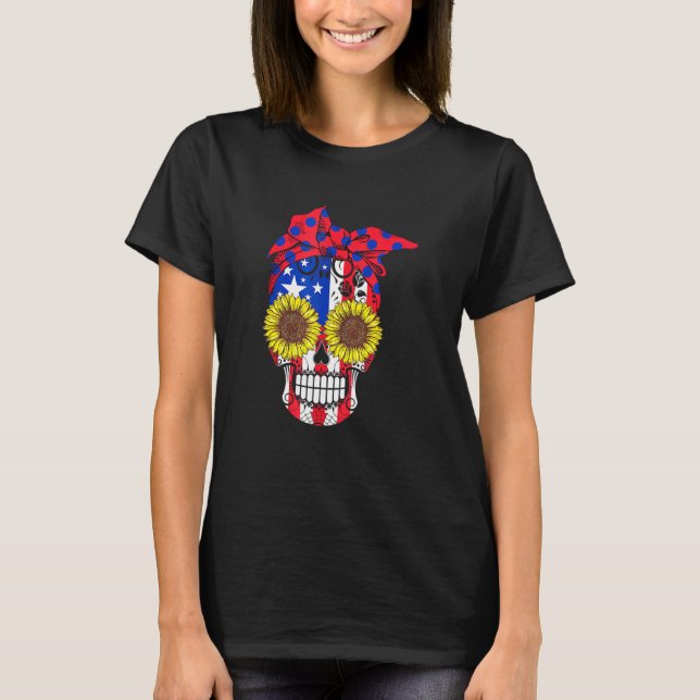 Camiseta Azúcar Skull Bandera americana girasol flores flor (Anverso)