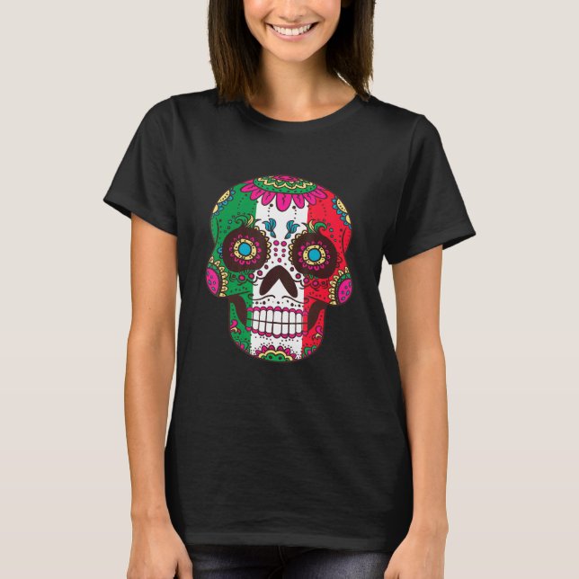 Camiseta Azúcar Skull Bandera Mexicana Calavera Dia De Muer (Anverso)