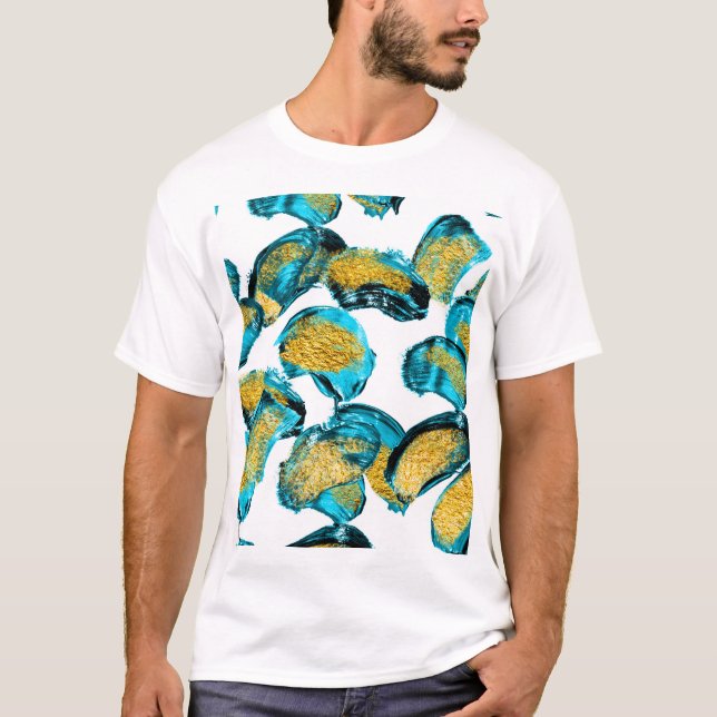 Camiseta azul acuático, turquesa, dorado. (Anverso)