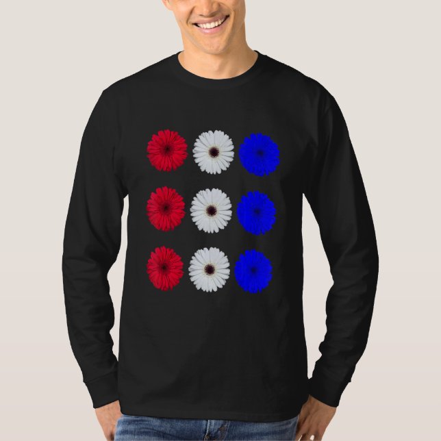 Camiseta Azul Blanco Rojo Cute Patriótico Flores De Bandera (Anverso)