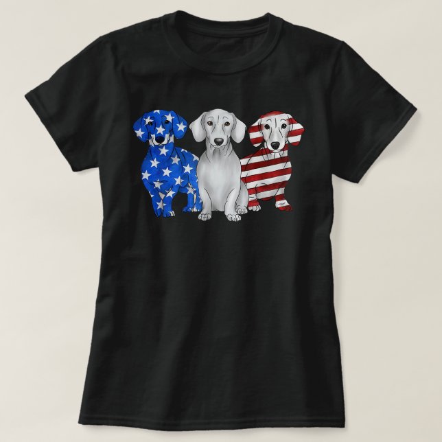Camiseta Azul Blanco Rojo Dachshund Bandera Estadounidense  (Diseño del anverso)