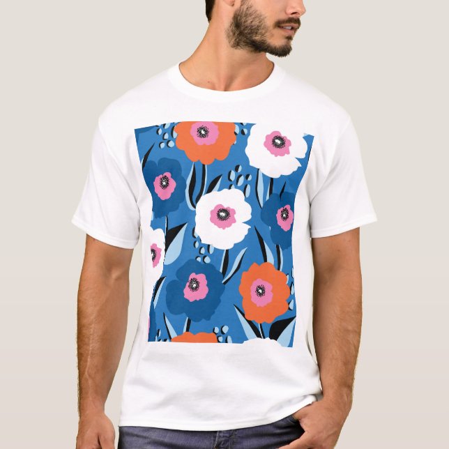 Camiseta Azul Blanco Rojo: Escandinavo Floral. (Anverso)