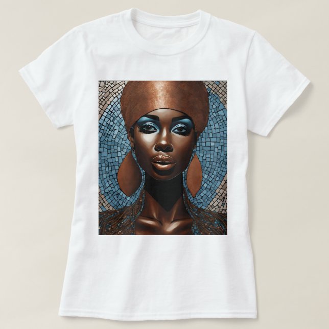 Camiseta azul de cobre con mosaico para mujer negr (Diseño del anverso)