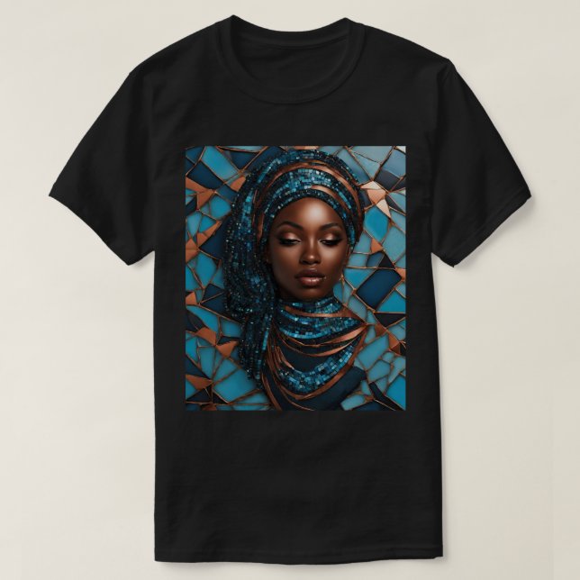 Camiseta azul de cobre con mosaico para mujer negr (Diseño del anverso)